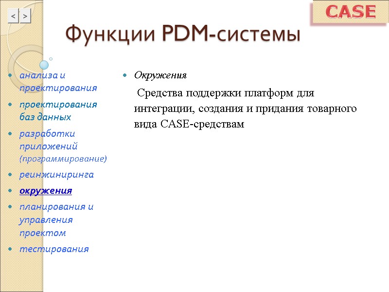 Функции PDM-системы Окружения      Средства поддержки платформ для интеграции, создания